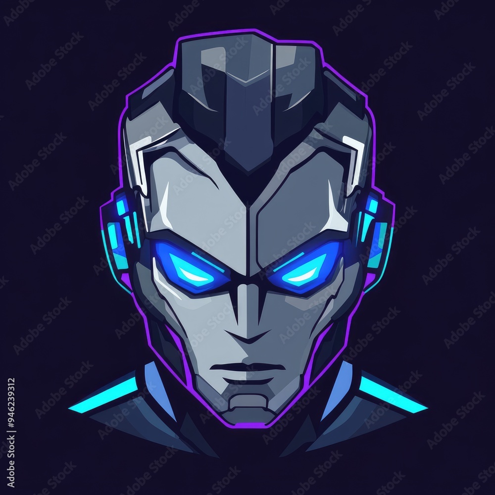 Cyborg Head with Glowing Blue Eyes and Neon Accents Cyborg Head with Glowing Blue Eyes and Neon Accents
