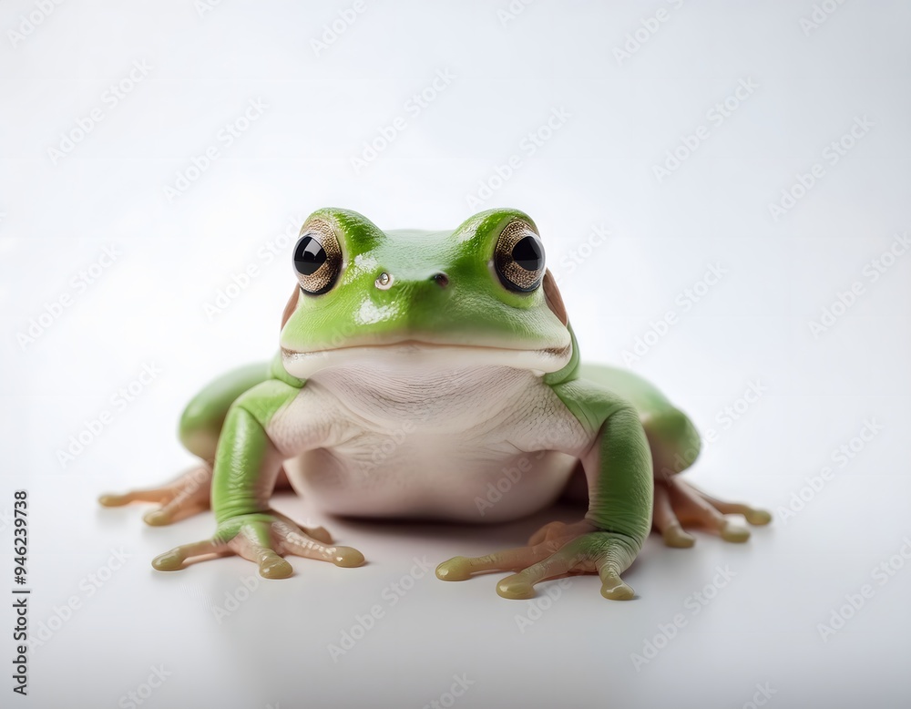 A small, green frog sitting calmly on a white background A small, green frog sitting calmly on a white background