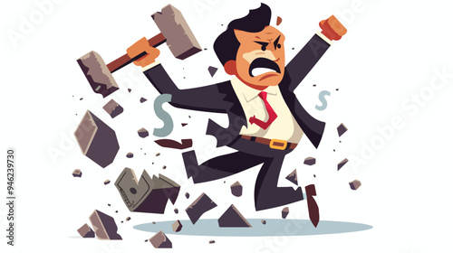 Young Businessman Smashing with Hammer, Crushing Dollar Symbol - Profits, Finance Concept