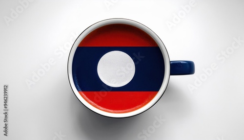 Free Download A blue coffee mug with a white rim, the inside depicts the flag of Laos. - GFXLoad