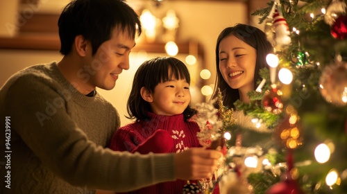 A loving Asian family decorates their living room together, adding ornaments to the Christmas tree with smiles and laughter