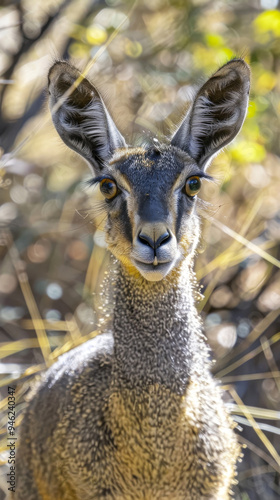 A young animal stands curiously among dry grass in a natural habitat during daylight in a wilderness area