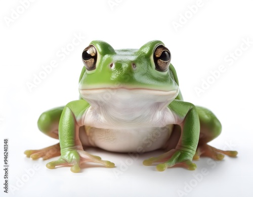 A small, green frog sitting calmly on a white background