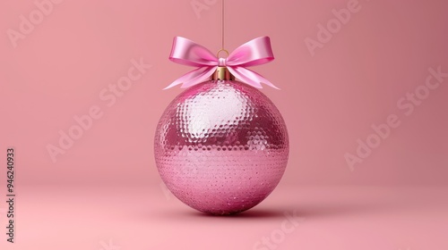 Pink glossy Christmas ball with bow, Happy New Year 2025, Christmas tree decorations