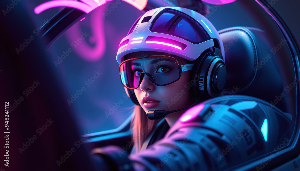 A woman wearing a helmet and glasses is seated in a car. A woman wearing a helmet and glasses is seated in a car.
