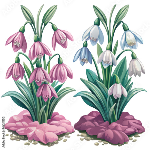 Digital Illustration of White and Pink Snowdrop Flowers