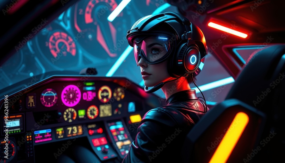 Woman wearing helmet and goggles in cockpit. Woman wearing helmet and goggles in cockpit.