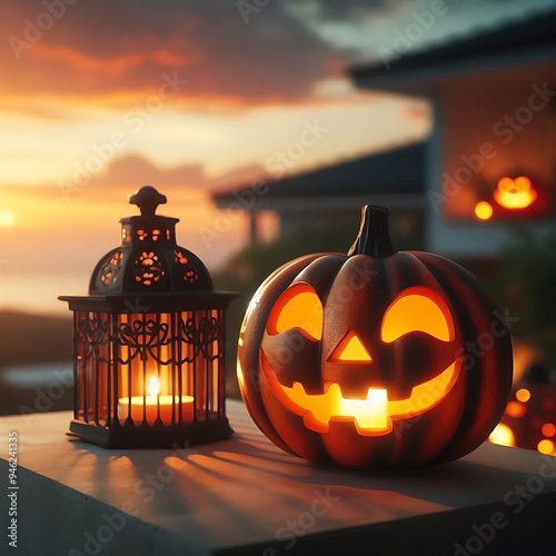 Pumpkin lanterns with blurred backgrounds at night on the house terrace