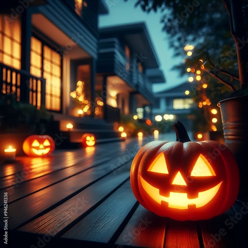 Pumpkin lanterns with blurred backgrounds at night on the house terrace