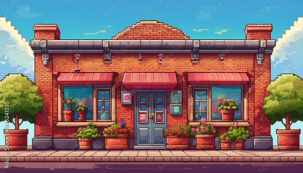 Cozy Brick Storefront with Potted Plants - pixel art scene of a charming brick store. Game design poster. Graphic art 8 bit illustration background Cozy Brick Storefront with Potted Plants - pixel art scene of a charming brick store. Game design poster. Graphic art 8 bit illustration background