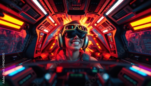 Woman in spaceship cockpit with helmet and goggles.
