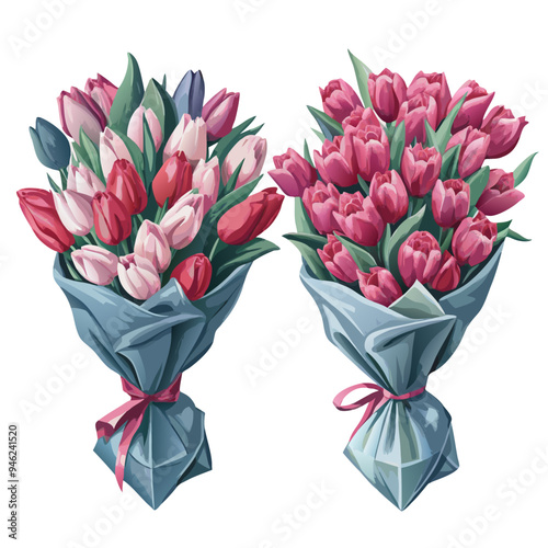 Bouquets of Tulips in Pink, Red, and White Wrapped in Blue Paper with Pink Ribbons
