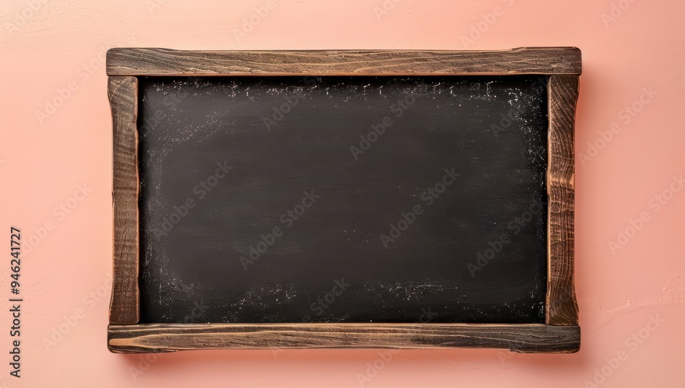 Blackboard with wooden frame on a radiant peach background, top view Perfect for educational layouts and creative presentations Blackboard with wooden frame on a radiant peach background, top view Perfect for educational layouts and creative presentations