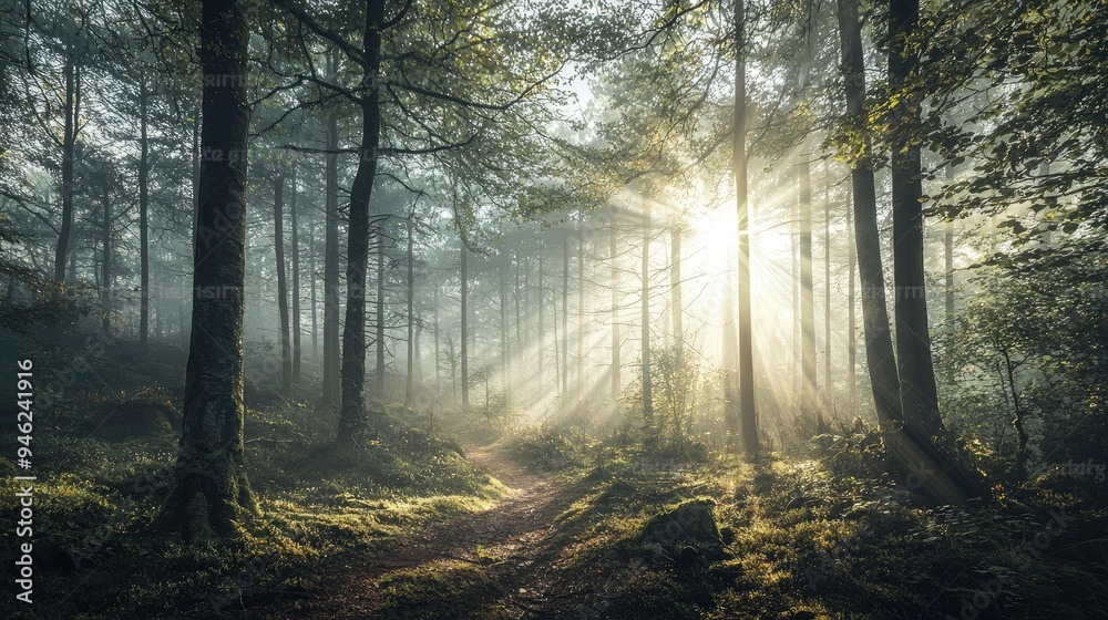 Naklejka premium A misty forest with sunlight filtering through the trees, creating a serene and mysterious atmosphere.