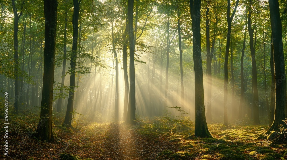 Obraz premium A misty forest with sunlight filtering through the trees, creating a serene and mysterious atmosphere.