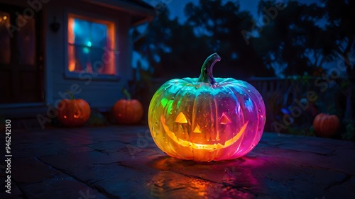 Pumpkin lanterns with blurred backgrounds at night on the house terrace