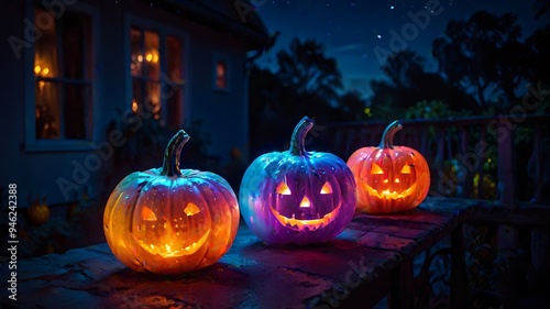 Pumpkin lanterns with blurred backgrounds at night on the house terrace