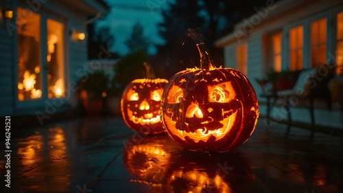 Pumpkin lanterns with blurred backgrounds at night on the house terrace