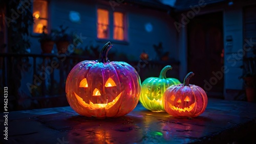 Pumpkin lanterns with blurred backgrounds at night on the house terrace
