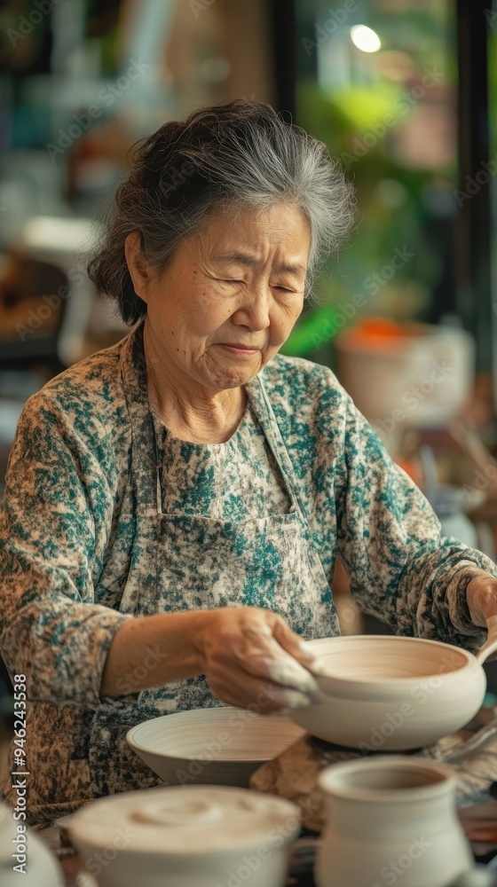 custom made wallpaper toronto digitalAn elderly Asian woman focuses on shaping clay in a pottery studio, immersed in her creative hobby during a tranquil afternoon