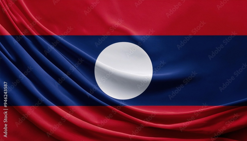 A close-up of the waving flag of Laos. The red, blue, and white colors are vibrant and the fabric has a silky texture. A close-up of the waving flag of Laos. The red, blue, and white colors are vibrant and the fabric has a silky texture.