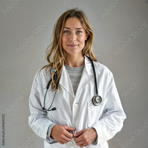 Jeune femme médecin en blouse blanche avec stéthoscope, portrait professionnel photo