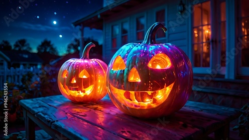 Pumpkin lanterns with blurred backgrounds at night on the house terrace