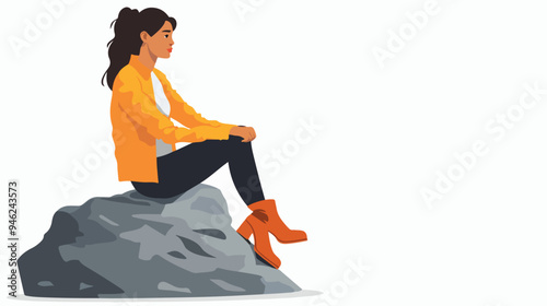 Contemplative Young Businesswoman Alone Outdoors on Rock