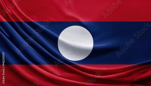 A close-up of the waving flag of Laos. The red, blue, and white colors are vibrant and the fabric has a silky texture.