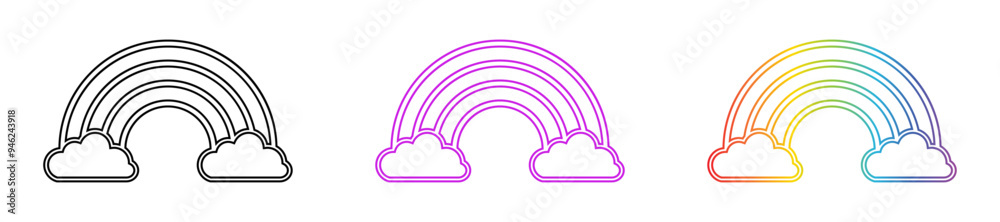 Rainbow icon set in different style color. Clouds and rainbow icon set in line style isolated on white background. Outline, flat, glyph, color, gradient. Vector illustration. Rainbow icon set in different style color. Clouds and rainbow icon set in line style isolated on white background. Outline, flat, glyph, color, gradient. Vector illustration.