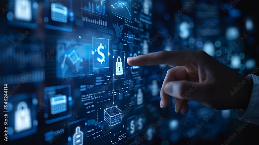 A hand interacts with a digital interface showcasing security and financial elements. A hand interacts with a digital interface showcasing security and financial elements.