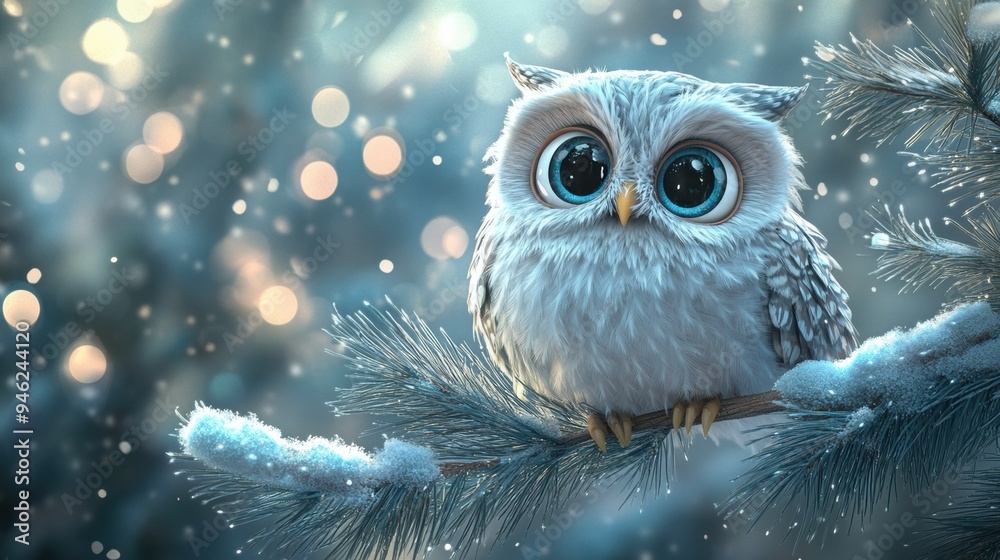 Cute white owl, winter aesthetic , Christmas elements and bokeh effects 3d rendering cartoon style. Copy space. Cute white owl, winter aesthetic , Christmas elements and bokeh effects 3d rendering cartoon style. Copy space.