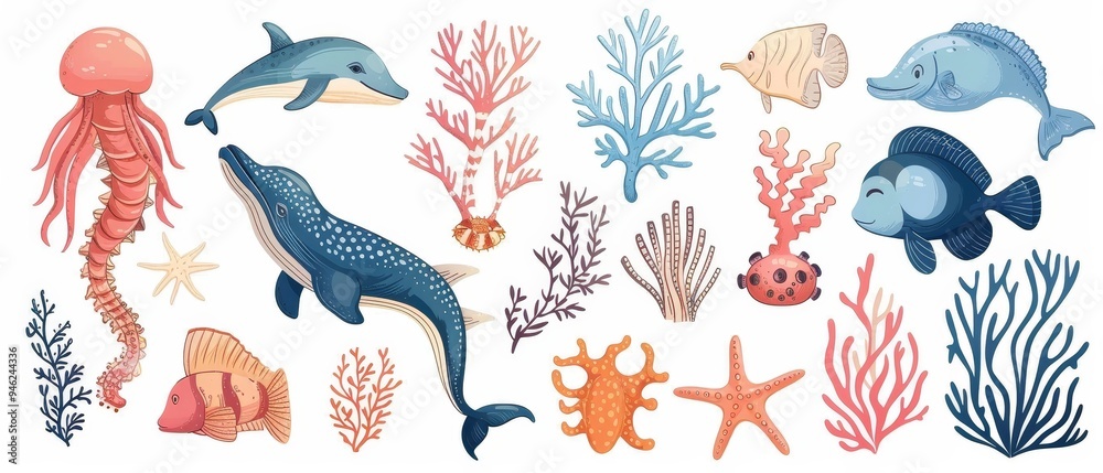 Obraz premium Sea animals flat design, side view, marine life theme, cartoon drawing, vivid
