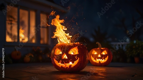 Pumpkin lanterns with blurred backgrounds at night on the house terrace