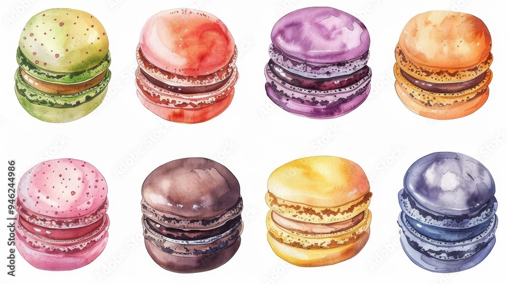 Macaron flat design top view Parisian bakery theme water color vivid Macaron flat design top view Parisian bakery theme water color vivid