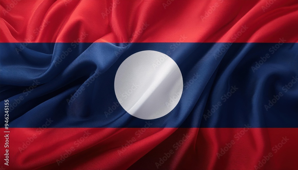 A close-up view of the national flag of Laos, with its iconic white disc and red, blue, and white stripes, waving in the wind. A close-up view of the national flag of Laos, with its iconic white disc and red, blue, and white stripes, waving in the wind.