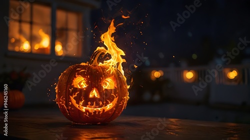 Pumpkin lanterns with blurred backgrounds at night on the house terrace