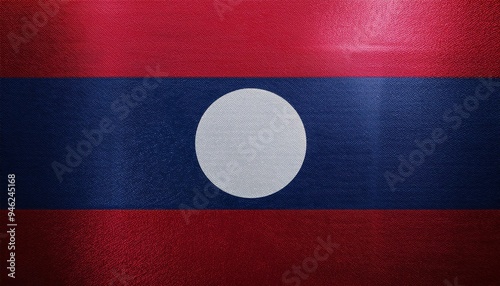 A close-up view of the Laotian flag, featuring a white circle on a blue band between red stripes. The fabric texture creates a textured background. photo