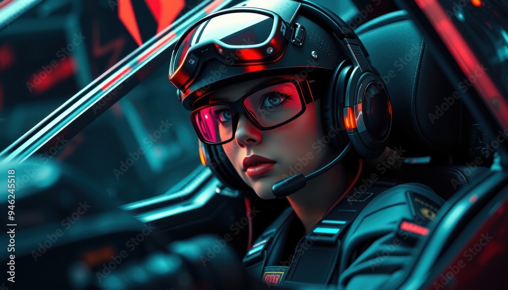 Woman wearing a helmet and goggles sits inside a vehicle Woman wearing a helmet and goggles sits inside a vehicle