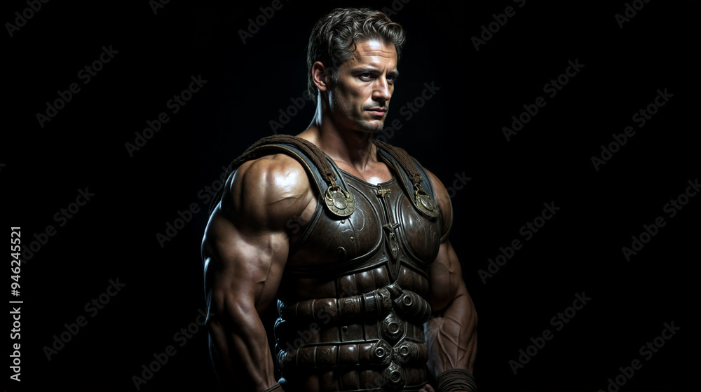 Muscular Warrior in Ancient Armor Posing with Intense Expression Against Dark Background, Showcasing Strength and Determination Muscular Warrior in Ancient Armor Posing with Intense Expression Against Dark Background, Showcasing Strength and Determination