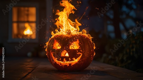 Pumpkin lanterns with blurred backgrounds at night on the house terrace