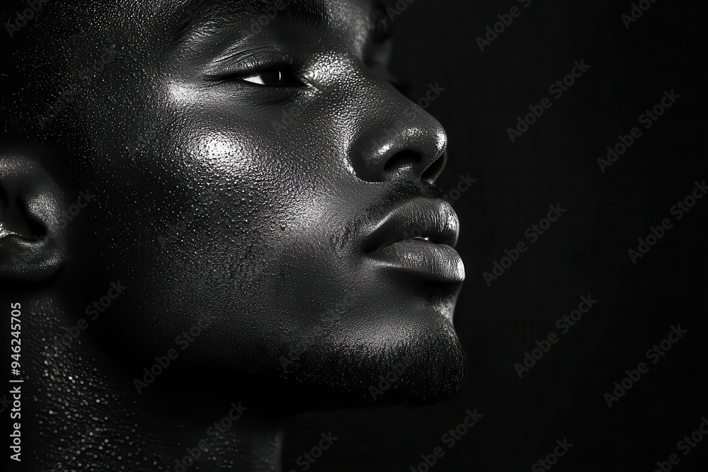 dramatic monochrome portrait african american mans profile strong jawline textured skin high contrast studio lighting deep shadows contemplative expression timeless elegance dramatic monochrome portrait african american mans profile strong jawline textured skin high contrast studio lighting deep shadows contemplative expression timeless elegance