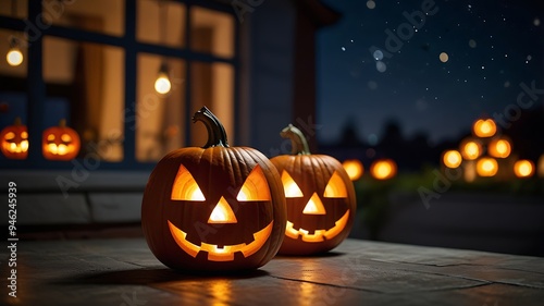 Pumpkin lanterns with blurred backgrounds at night on the house terrace
