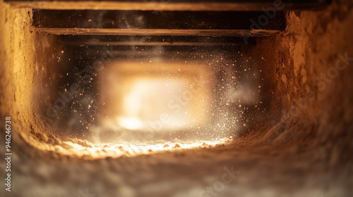 Dusty Air Duct with Floating Dust Particles and Warm Ambient Light