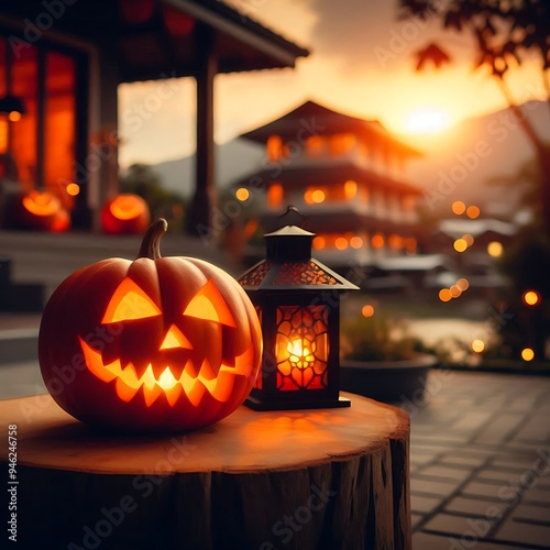 Pumpkin lanterns with blurred backgrounds at night on the house terrace