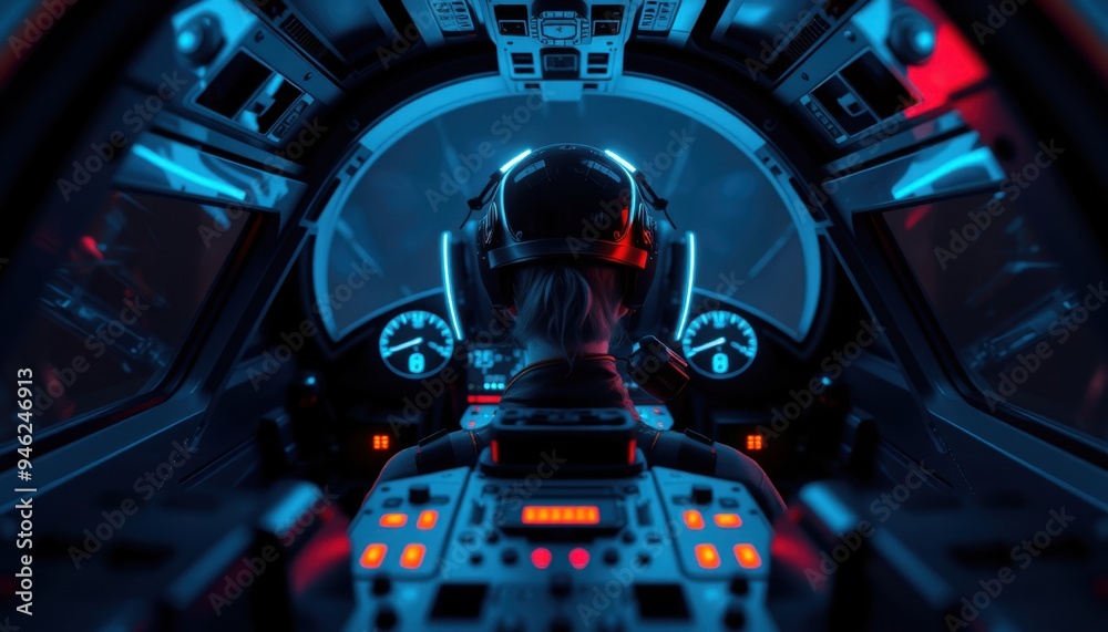 Fototapeta premium Close-up of a helmeted person in a spaceship cockpit