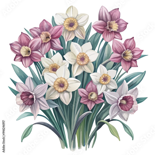 Colorful Watercolor Bouquet of Pink and White Daffodils