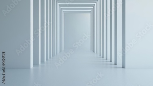 Abstract depiction of broken columns in a stark, empty space, black and white with red accent, modern art