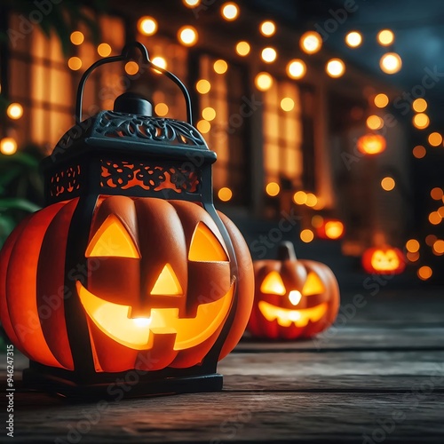 Pumpkin lanterns with blurred backgrounds at night on the house terrace