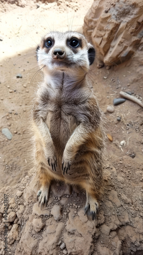 A curious meerkat stands upright on its hind legs in a dry, rocky landscape, showcasing its alert nature during the daytime A curious meerkat stands upright on its hind legs in a dry, rocky landscape, showcasing its alert nature during the daytime